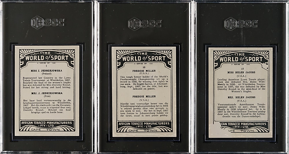 1939 African Tobacco "The World of Sport" (Large) SGC-Graded Trio: Freddie Miller, Helen Jacobs and Jedrzejowska