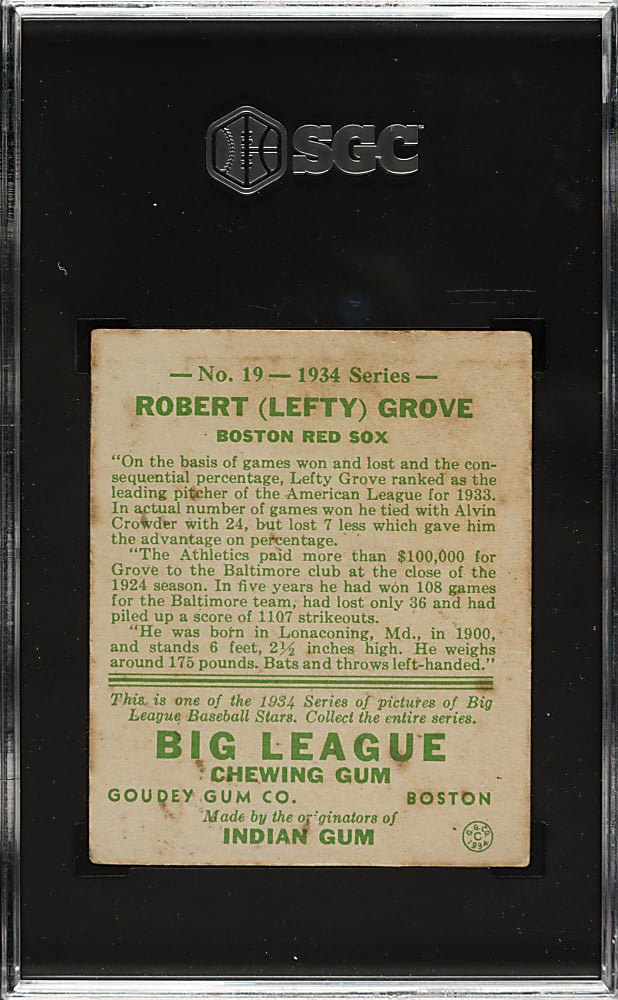 1934 R320 Goudey #19 Lefty Grove SGC GOOD 2