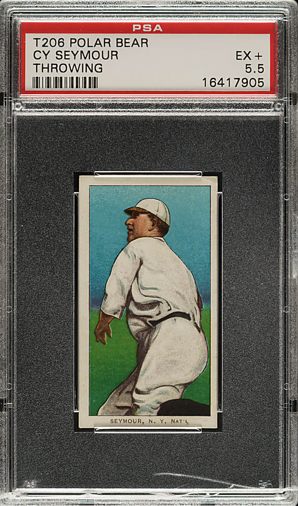 1909-1911 T206 White Border Cy Seymour Throwing PSA EX+ 5.5 - Polar Bear Back
