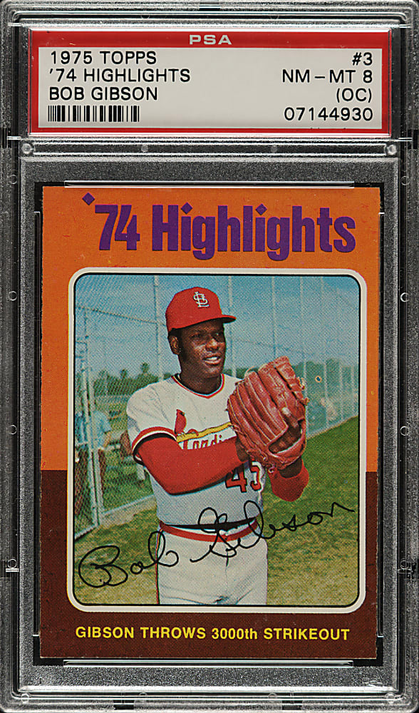 1975 Topps Mini #3 Bob Gibson Highlights PSA NM-MT 8 (OC)