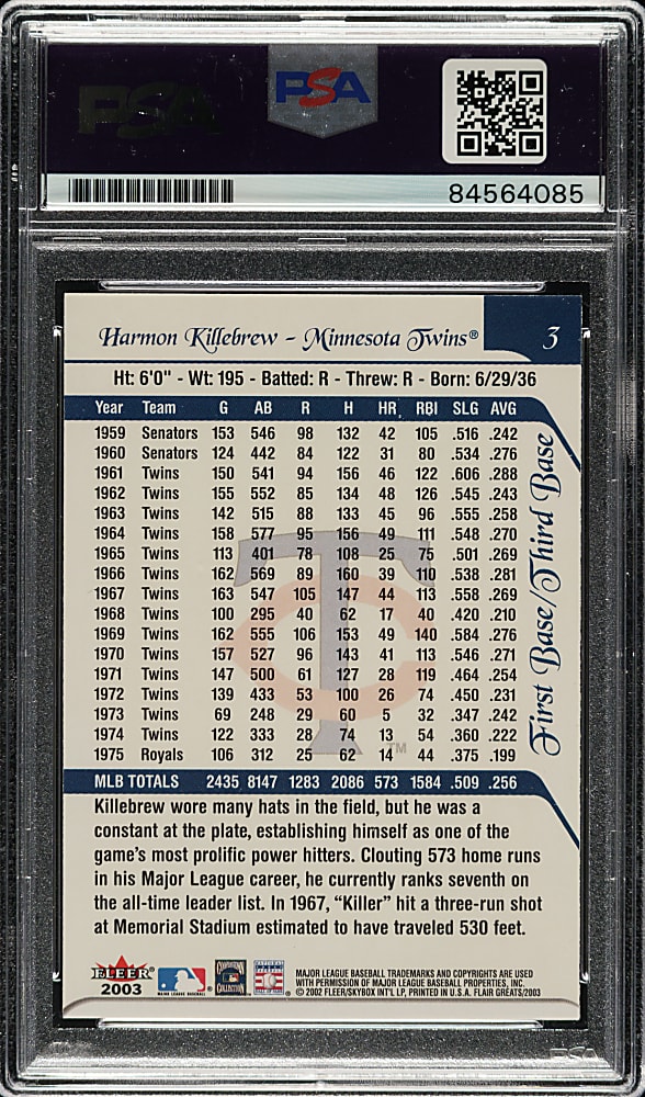 Signed 2003 Fleer Flair Greats #3 Harmon Killebrew - PSA/DNA