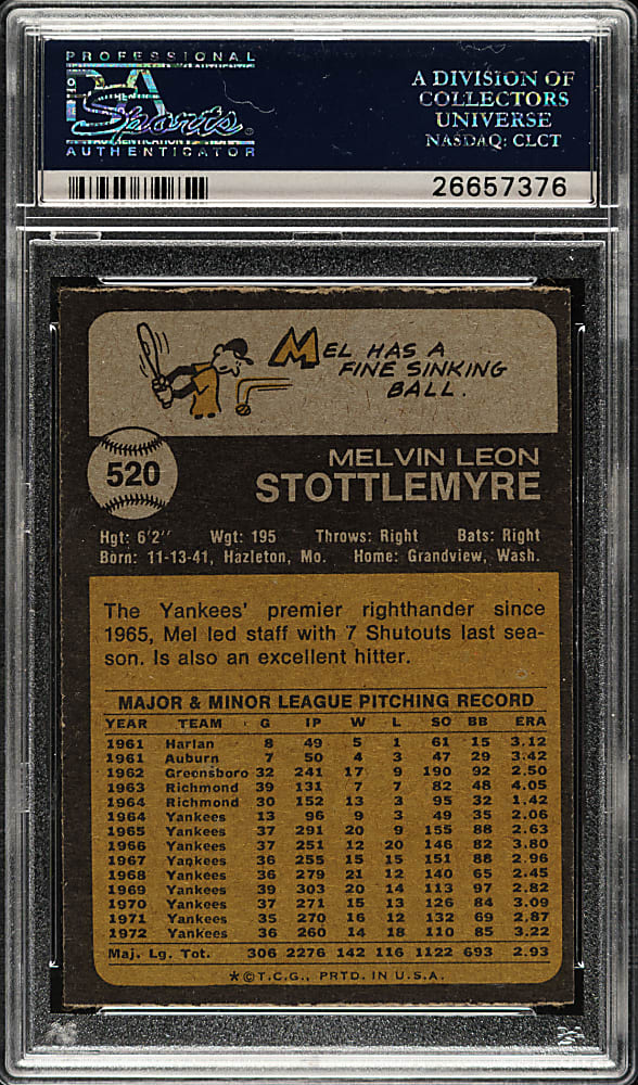 1973 Topps #520 Mel Stottlemyre PSA NM-MT 8