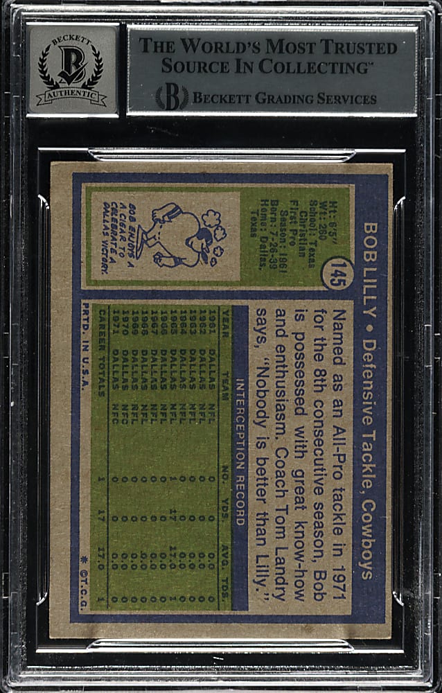 Signed 1972 Topps Football #145 Bob Lilly Beckett GEM MINT 10 Signature