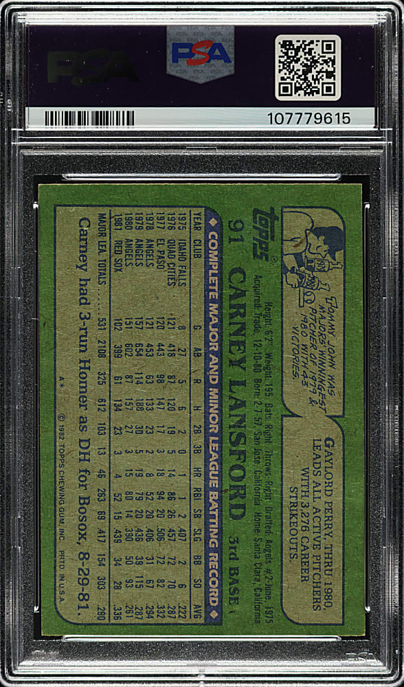 Signed 1982 Topps #91 Carney Lansford PSA POOR 1 with GEM MINT 10 Signature