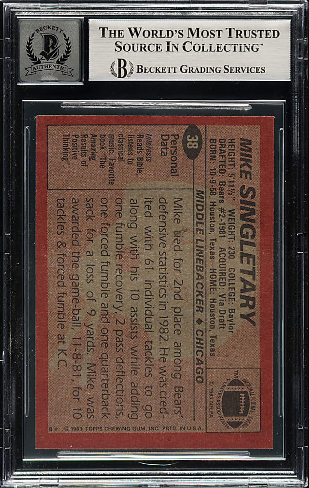 Signed 1983 Topps Football #38 Mike Singletray Rookie Beckett GEM MINT 10 Signature