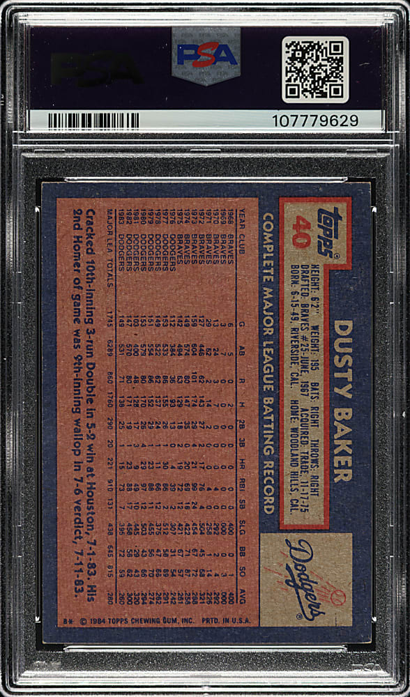 Signed 1984 Topps #40 Dusty Baker PSA EX-MT 6 with MINT 9 Signature