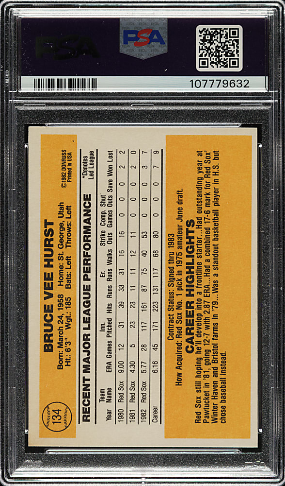 Signed 1983 Donruss #134 Bruce Hurst PSA NM 7 with NM-MT 8 Signature