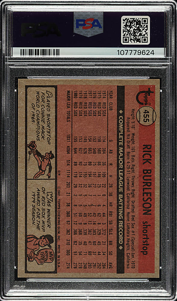 Signed 1981 Topps #455 Rick Burleson PSA NM-MT 8 with NM-MT 8 Signature