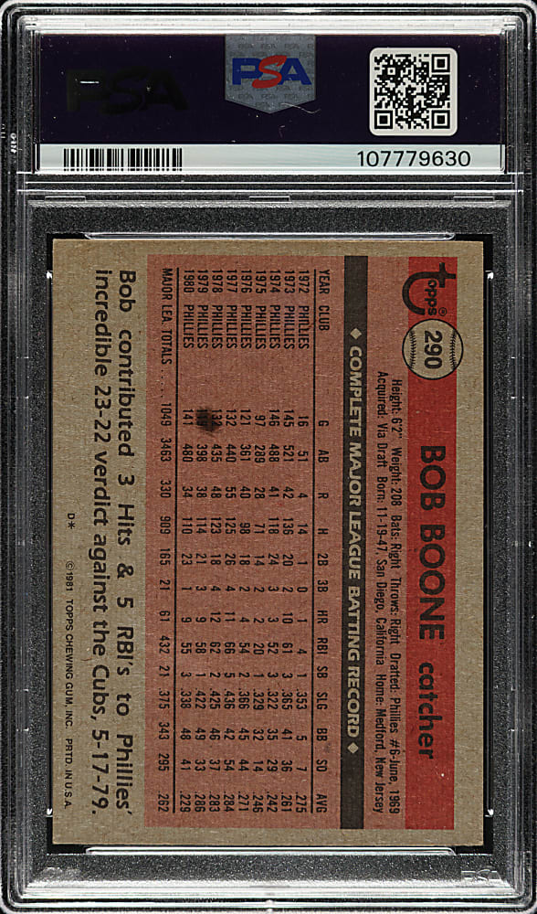 Signed 1981 Topps #290 Bob Boone PSA EX-MT 6 with MINT 9 Signature