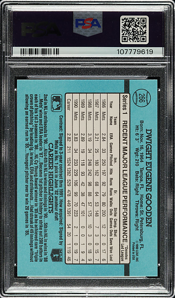 Signed 1991 Topps #266 Dwight Gooden PSA NM-MT 8 with MINT 9 Signature