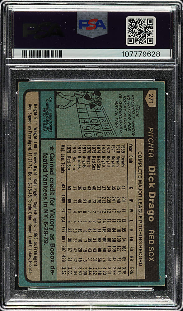 Signed 1980 Topps #271 Dick Drago PSA NM 7 with NM-MT 8 Signature