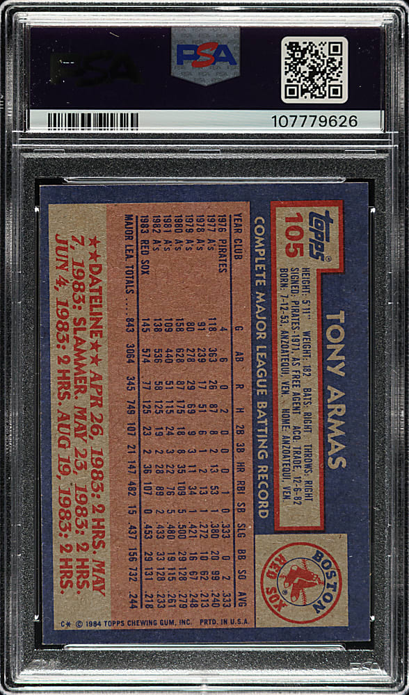 Signed 1984 Topps #105 Tony Armas PSA NM-MT 8 with GEM MINT 10 Signature