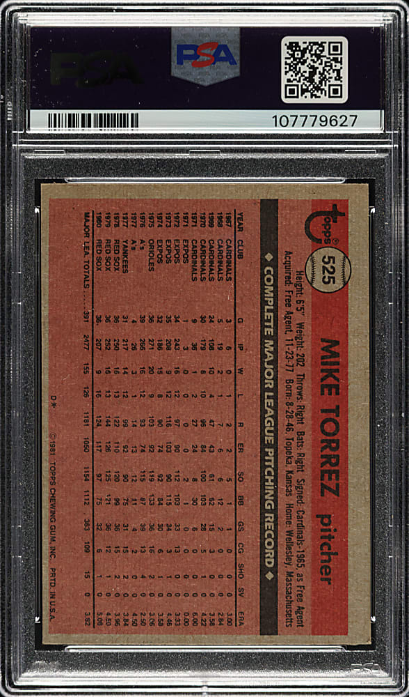 Signed 1981 Topps #525 Mike Torrez PSA EX 5 with NM 7 Signature