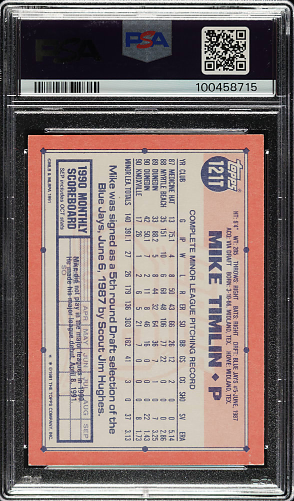 Signed 1991 Topps Traded #121T Mike Timlin PSA NM 7 with NM-MT 8 Signature