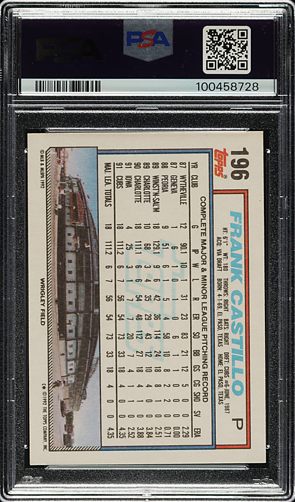 Signed 1992 Topps #196 Frank Castillo PSA NM-MT 8 with GEM MINT 10 Signature