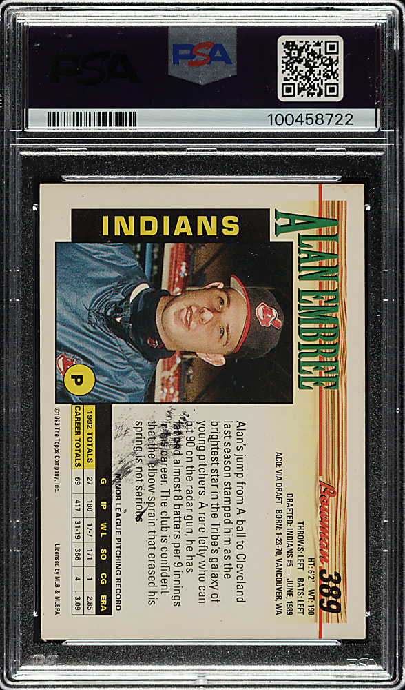 Signed 1993 Bowman #389 Alan Embree PSA EX 5 with GEM MINT 10 Signature