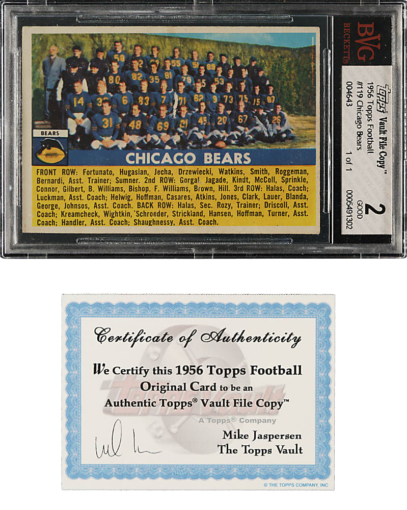 1956 Topps Football #119 Chicago Bears Team BVG GOOD 2 - Topps Vault COA