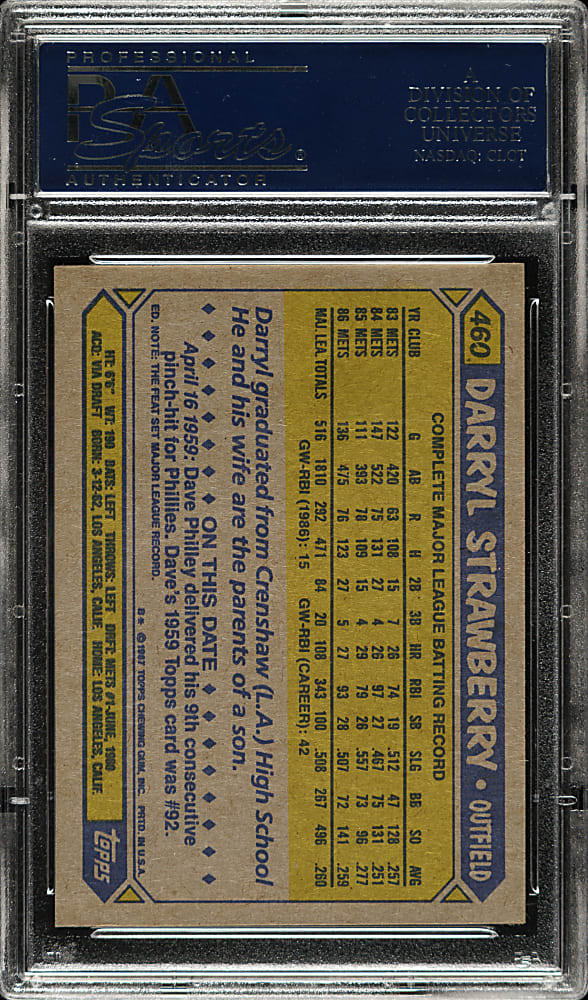 Signed 1987 Topps Tiffany #460 Darryl Strawberry - PSA/DNA