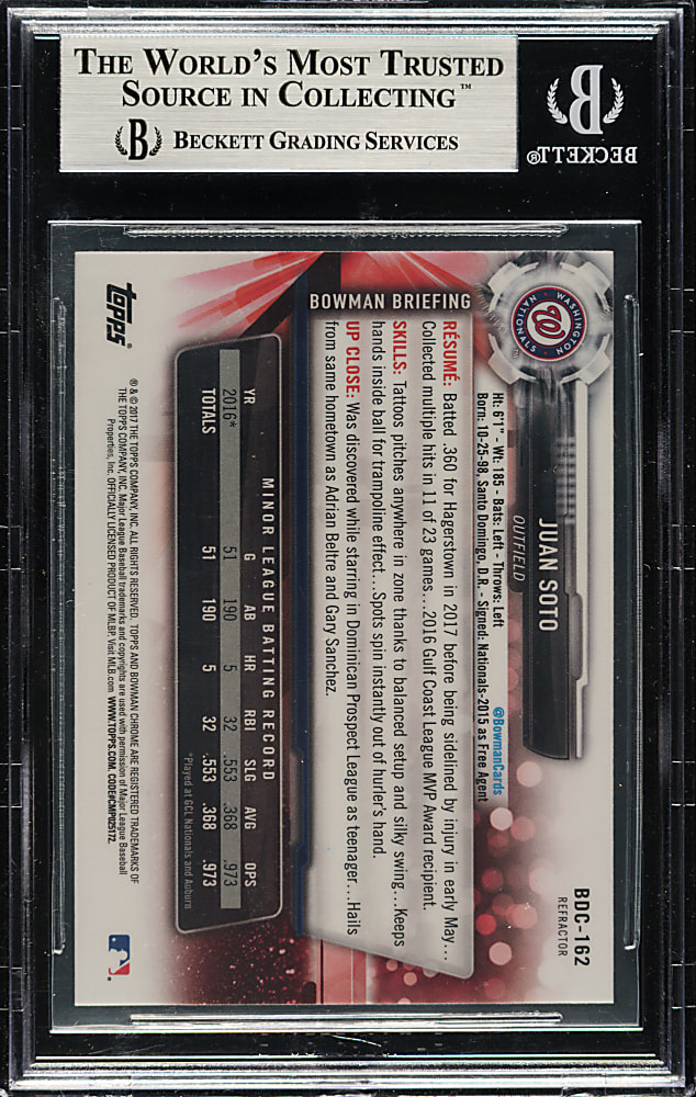 Signed 2017 Bowman Draft Chrome #BDC-162 Juan Soto Refractor - Beckett - Pre Rookie!
