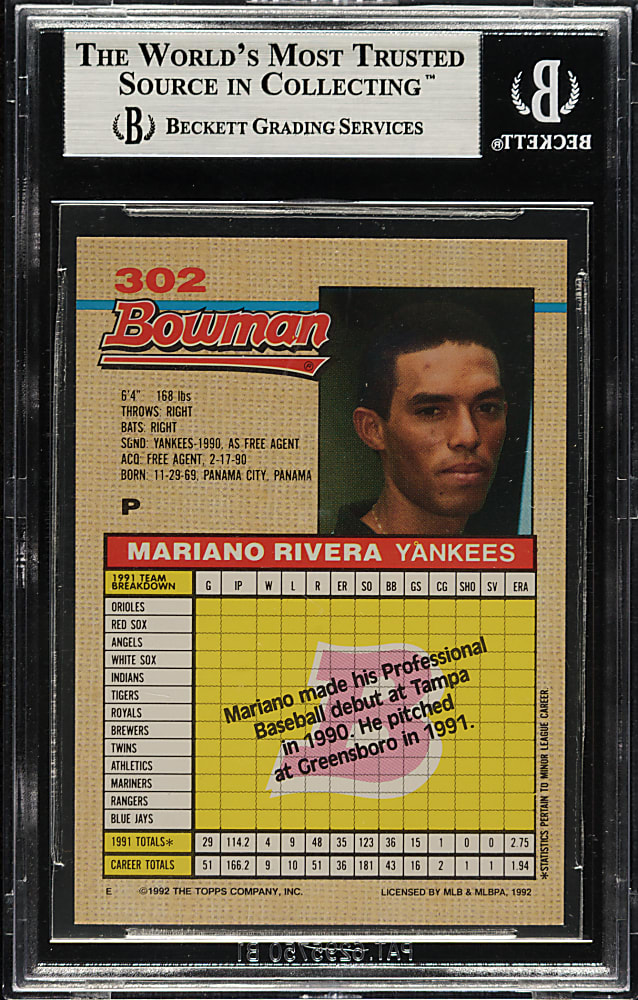 1992 Bowman #302 Mariano Rivera Rookie BGS MINT 9