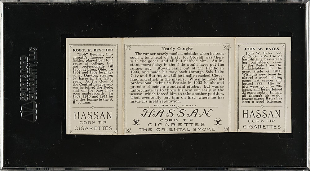 1912 T202 Hassan Triple Folder "Nearly Caught" Bescher/Bates SGC Authentic