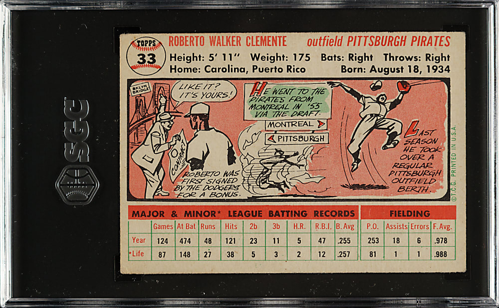 1956 Topps #33 Roberto Clemente White Back SGC VG/EX 4