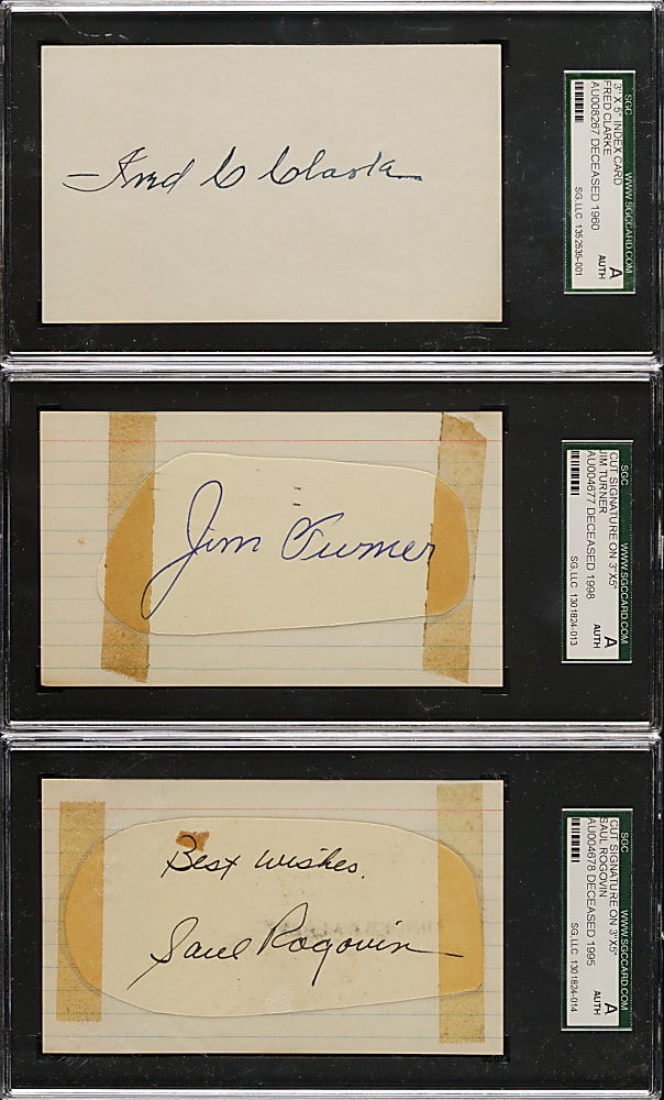 Fred Clarke, Jim Turner and Saul Rogovin Signed Index Card and Cut Signature Trio - SGC