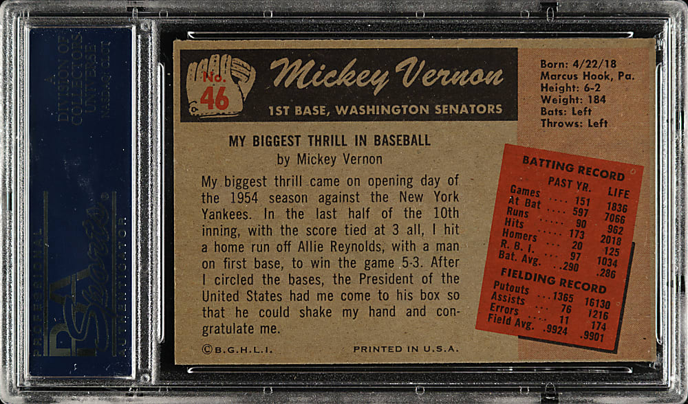 1955 Bowman #46 Mickey Vernon PSA MINT 9