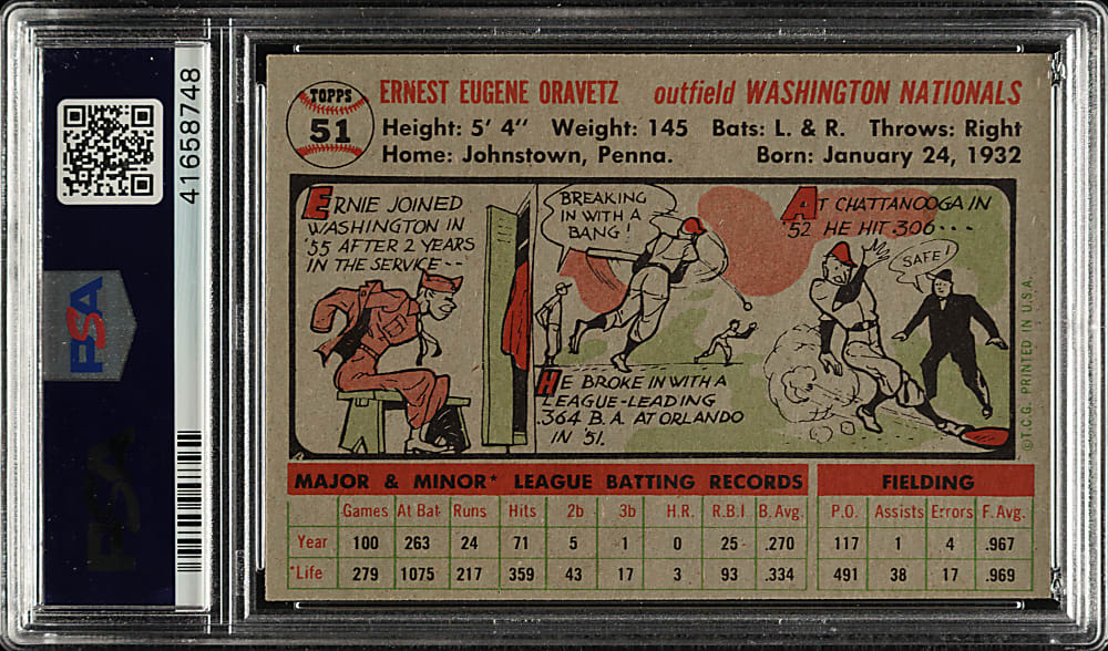 1956 Topps #51 Ernie Oravetz Gray Back PSA MINT 9