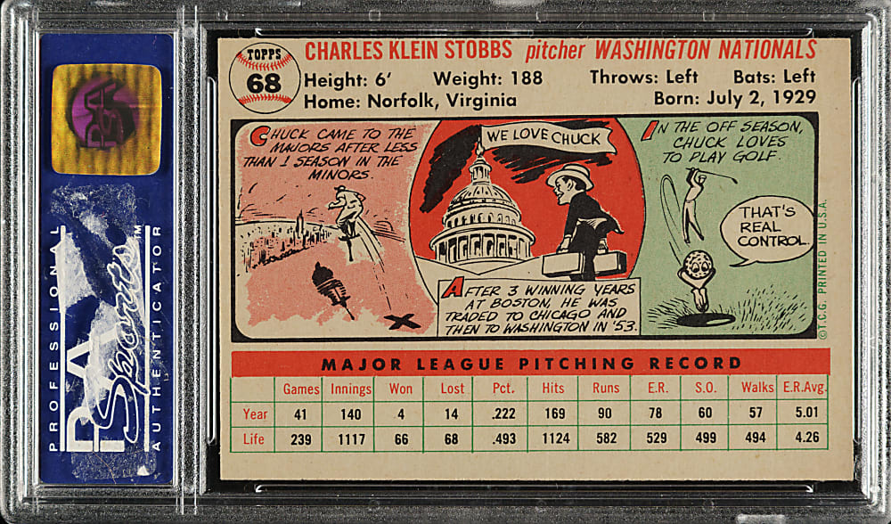 1956 Topps #68 Chuck Stobbs White Back PSA MINT 9