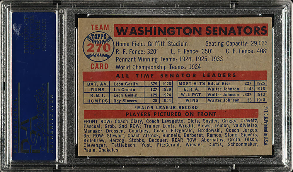 1957 Topps #270 Washington Senators Team PSA NM-MT 8