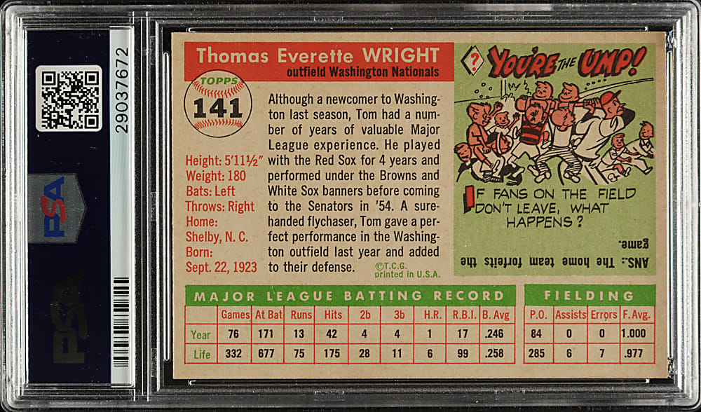 1955 Topps #141 Tom Wright PSA MINT 9