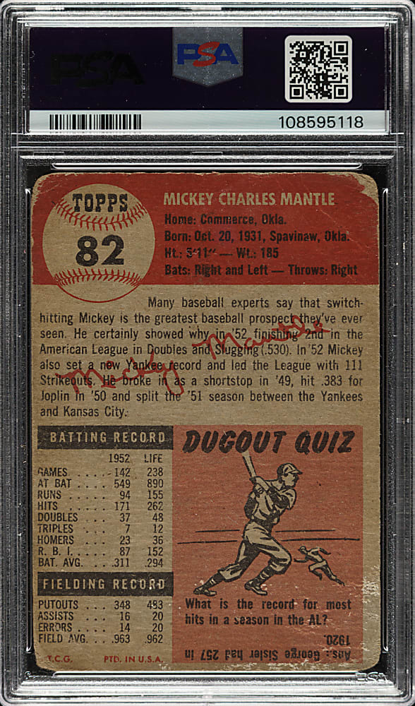 1953 Topps #82 Mickey Mantle PSA FAIR 1.5