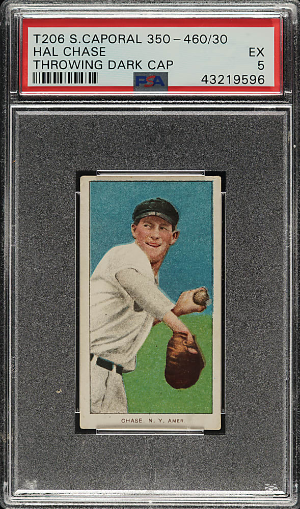1909-1911 T206 White Border Hal Chase Throwing Dark Cap PSA EX 5