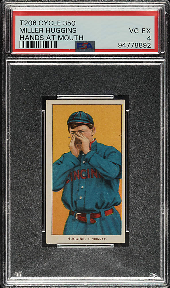 1909-1911 T206 White Border Miller Huggins Hands At Mouth PSA VG-EX 4 - Cycle 350 Back