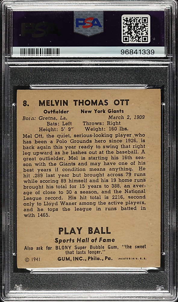 1941 R336 Play Ball #8 Mel Ott PSA VG 3