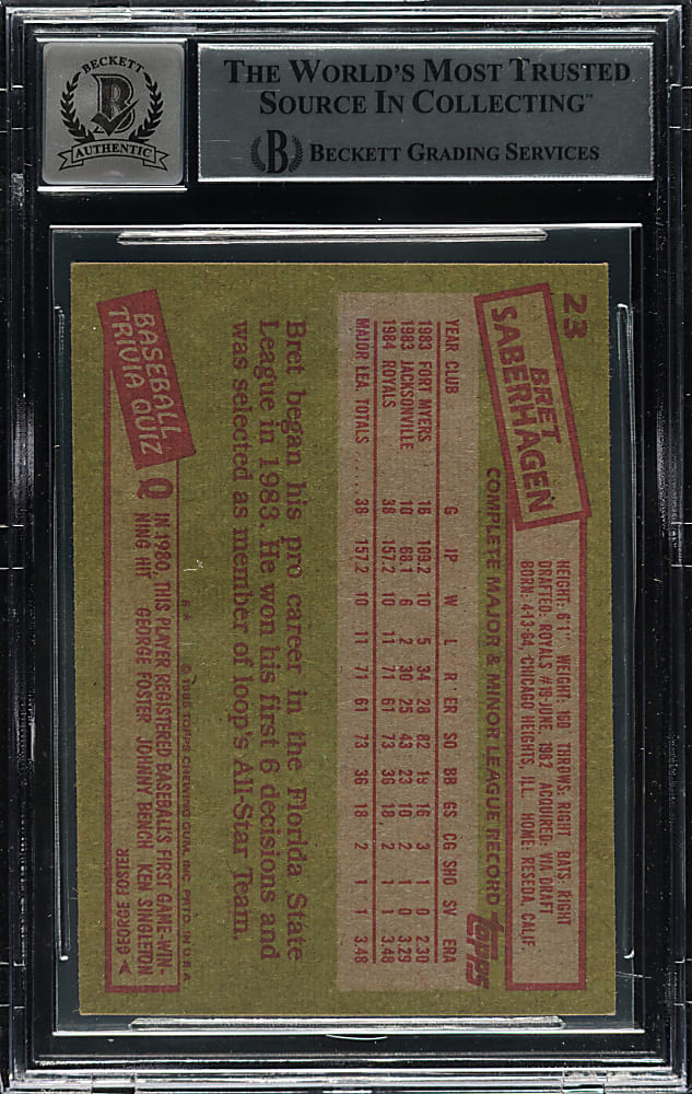 Signed 1985 Topps #23 Bret Saberhagen Rookie BGS GEM MINT 10 Signature