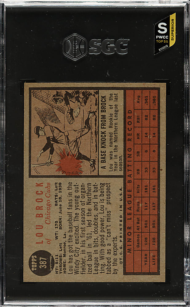 1962 Topps #387 Lou Brock Rookie SGC NM+ 7.5
