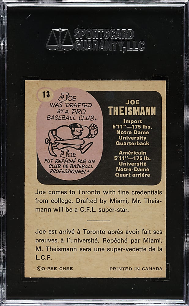 1971 O-Pee-Chee CFL Football #13 Joe Theismann Rookie SGC NM/MT+ 92