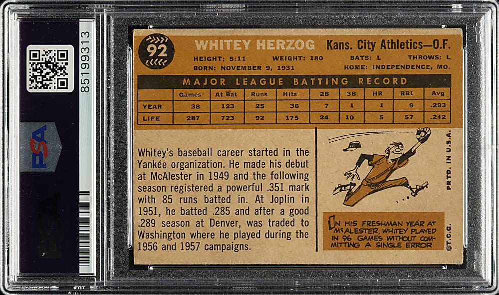 Signed 1960 Topps #92 Whitey Herzog - PSA/DNA