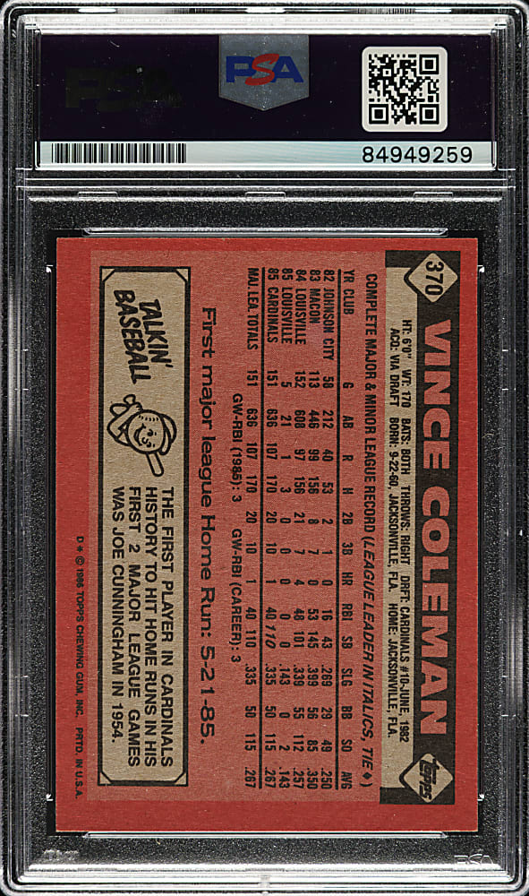 Signed 1986 Topps #370 Vince Coleman - PSA/DNA