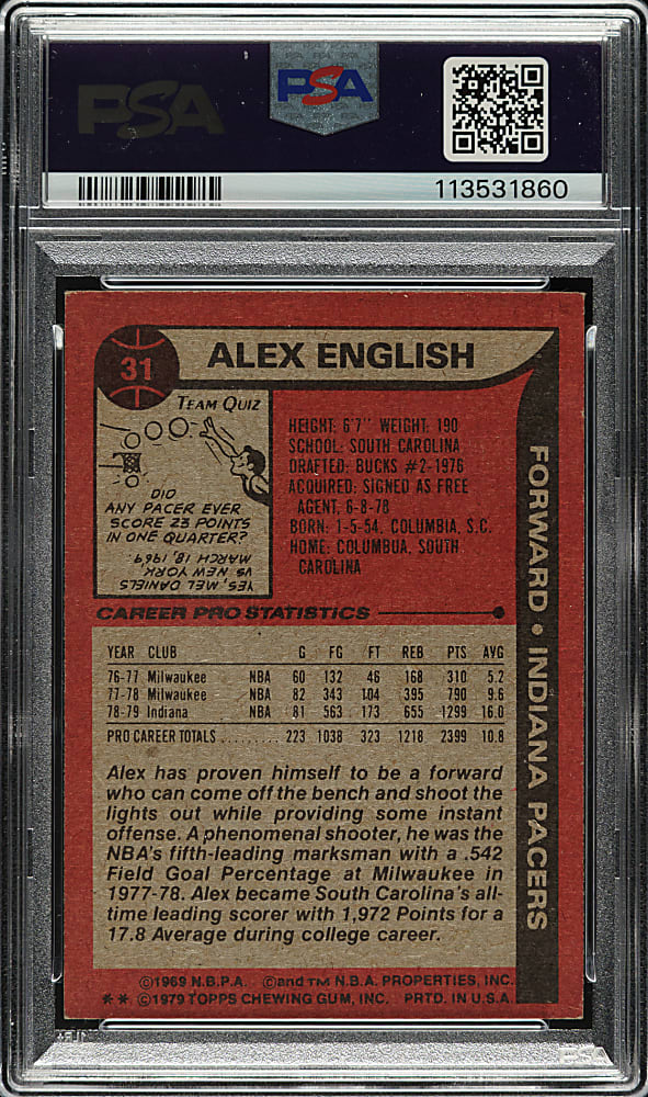 Signed 1979-1980 Topps Basketball #31 Alex English Rookie PSA EX 5 with MINT 9 Signature