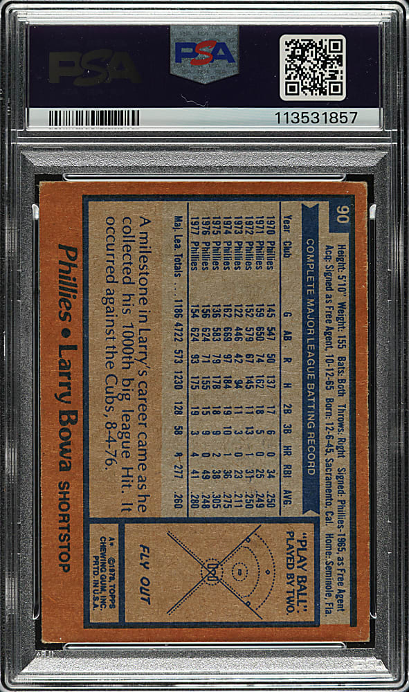 Signed 1978 Topps #90 Larry Bowa PSA VG 3 with GEM MINT 10 Signature