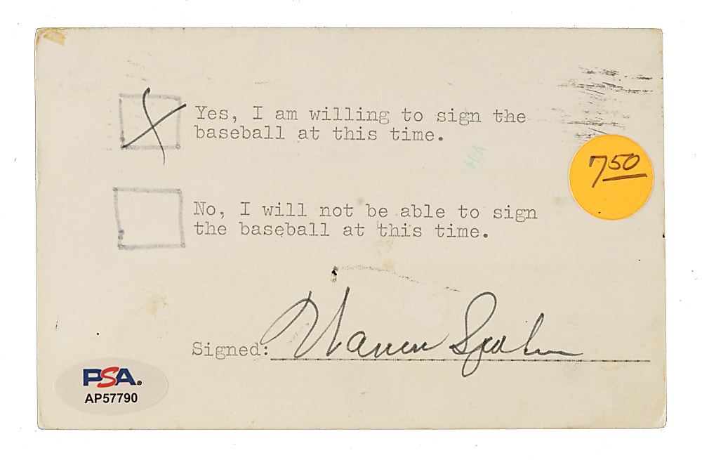 1978 Warren Spahn Cut Signature - PSA/DNA