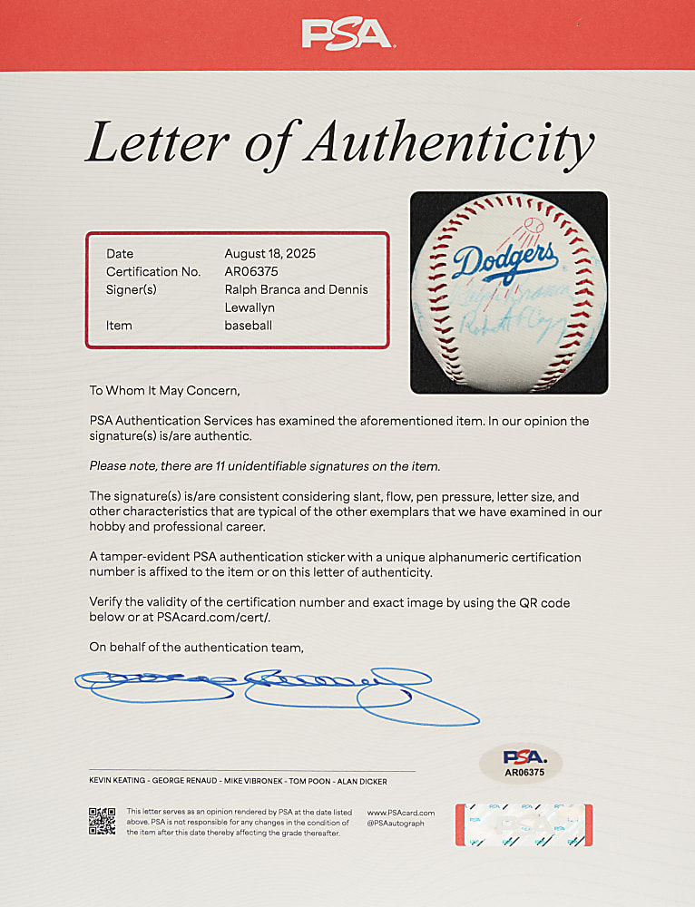 Multi-Signed Baseball with 13 Signatures Including Ralph Branca and Dennis Lewallyn - PSA/DNA