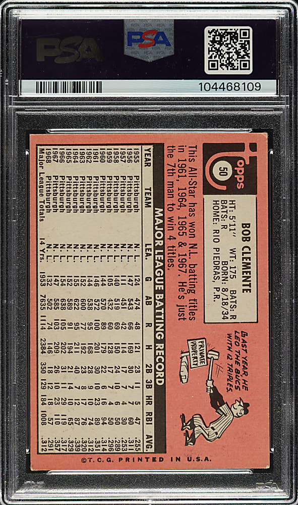 1969 Topps #50 Roberto Clemente PSA VG-EX 4