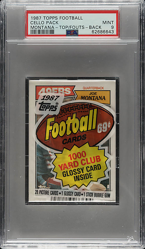 1987 Topps Football Unopened Cello Pack PSA MINT 9 - Joe Montana on Top and Dan Fouts on Back