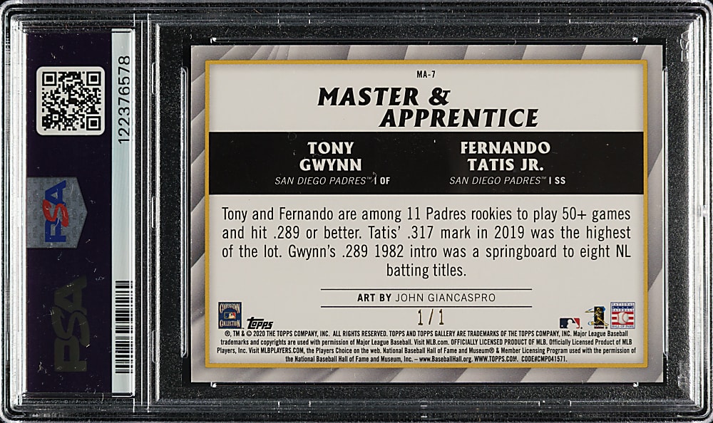 2020 Topps Gallery Master and Apprentice #MA-7 Tony Gwynn and Fernando Tatis Jr. Red #1/1 PSA NM 7