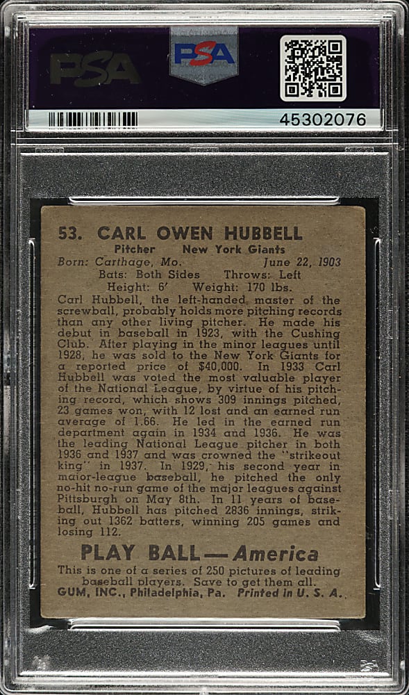 1939 R334 Play Ball #53 Carl Hubbell PSA VG-EX 4