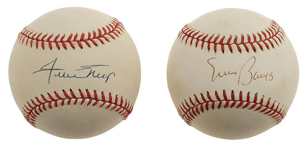 Willie Mays and Ernie Banks Single-Signed Baseball Pair